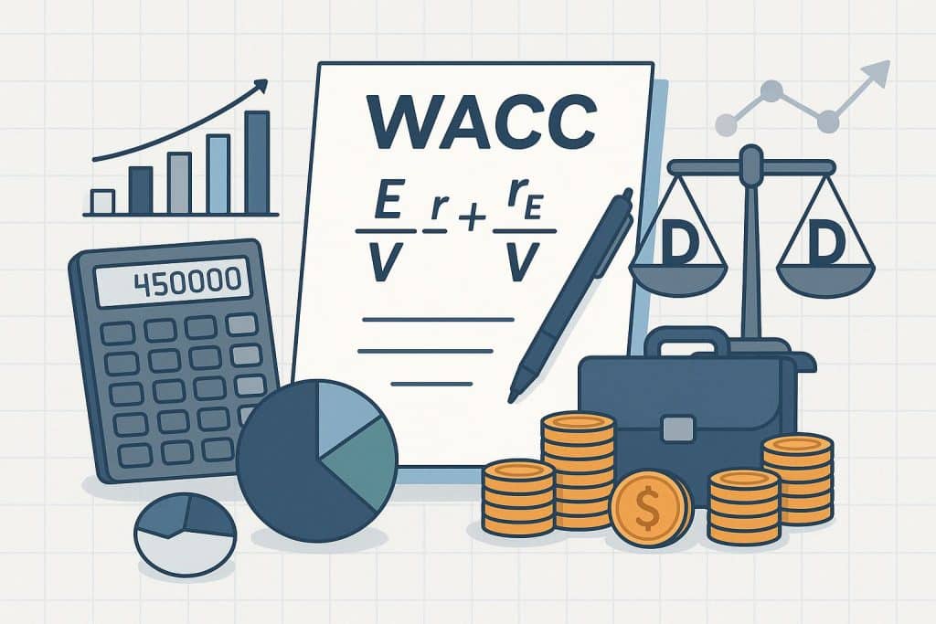 Businessperson analyzing financial charts and calculator for WACC calculation and business valuation