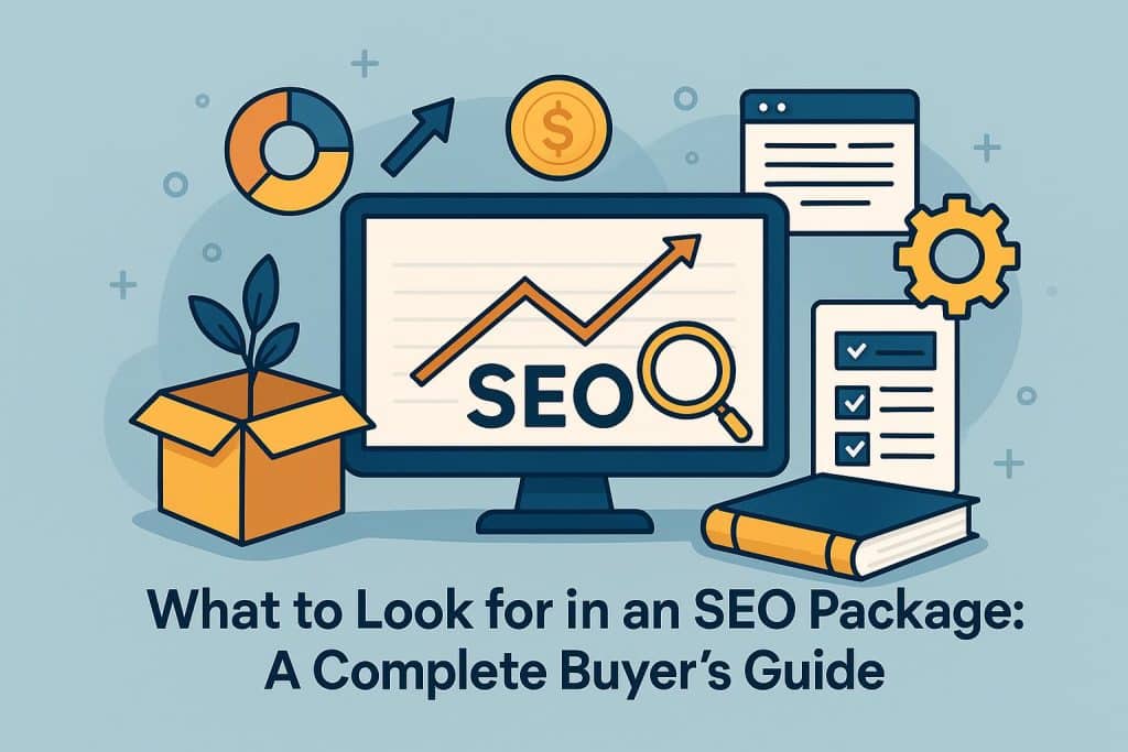 SEO package checklist with analytics graphs, magnifying glass, and marketing icons on desk