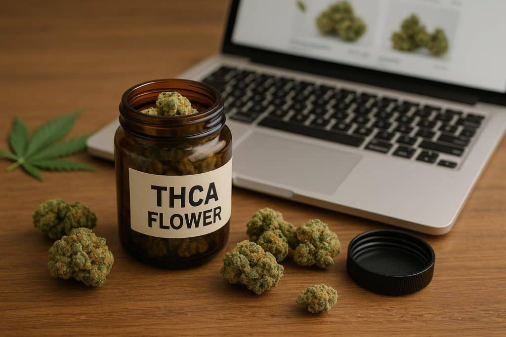 Assorted THCA flower buds displayed on a wooden surface, highlighting online purchase options
