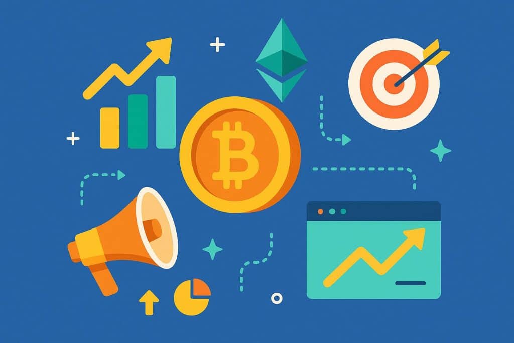 Digital coins and blockchain symbols illustrating strategies for Web3 crypto marketing growth