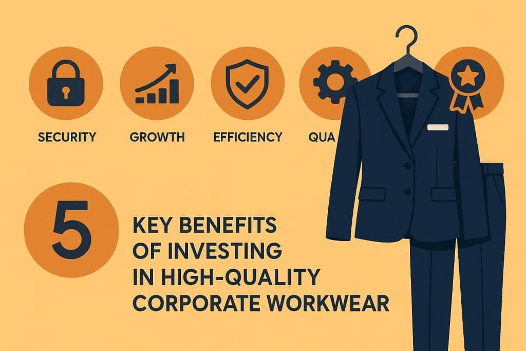 Professional employees wearing branded corporate workwear in a modern office environment