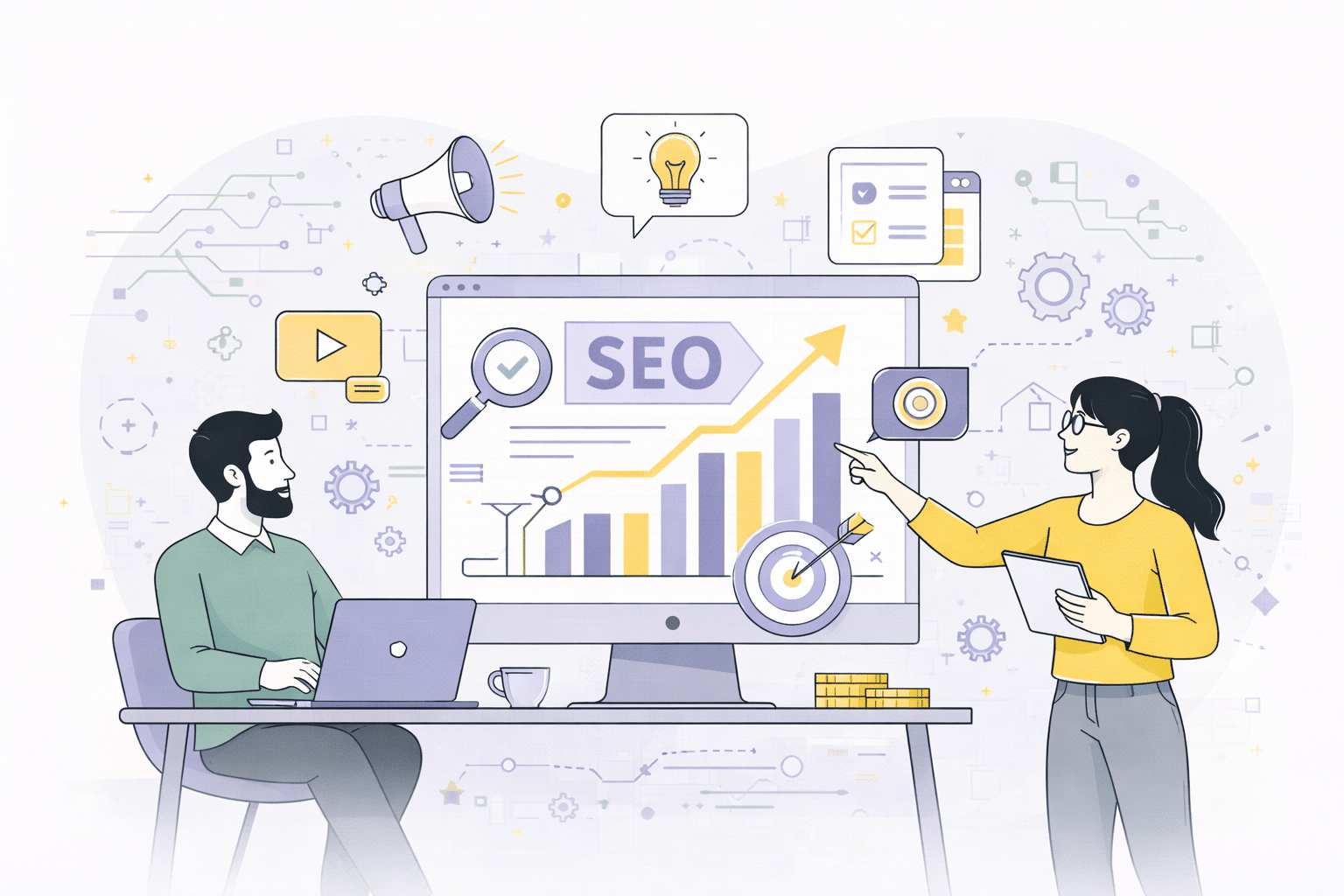 Illustration representing an SEO team analyzing metrics.
