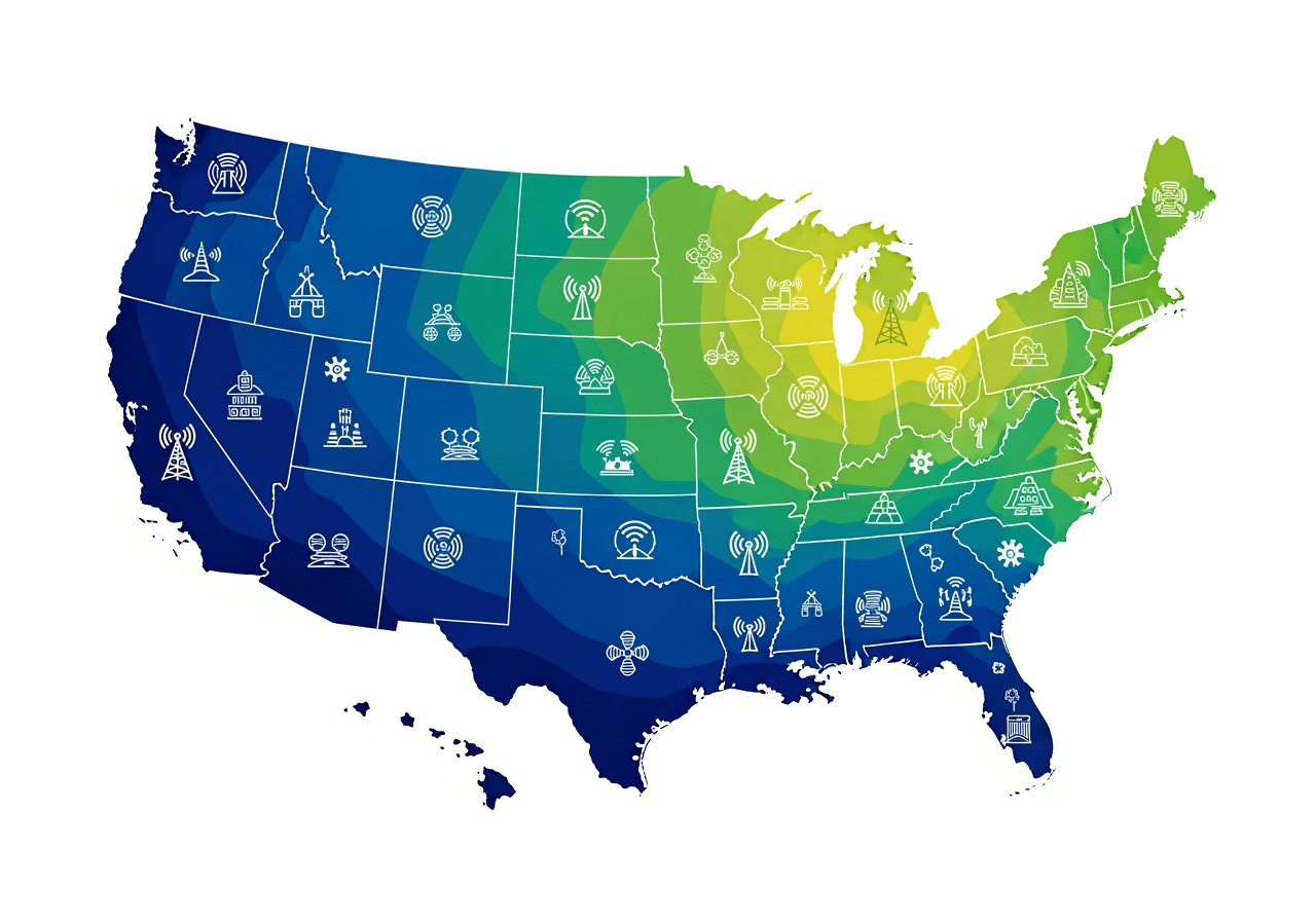 A map showing regional infrastructure development with varying levels of digital connectivity - digital growth infrastructure