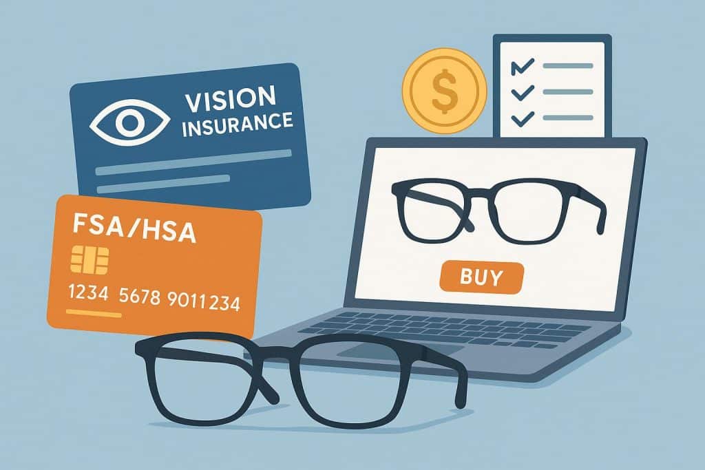 Vision insurance card, FSA/HSA card, and eyeglasses on a laptop for online eyewear purchase