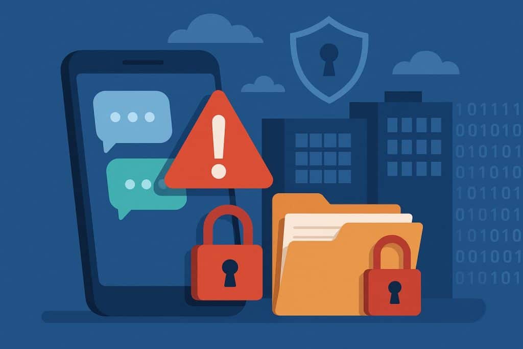 Secure messaging app interface with shield icon protecting confidential corporate data