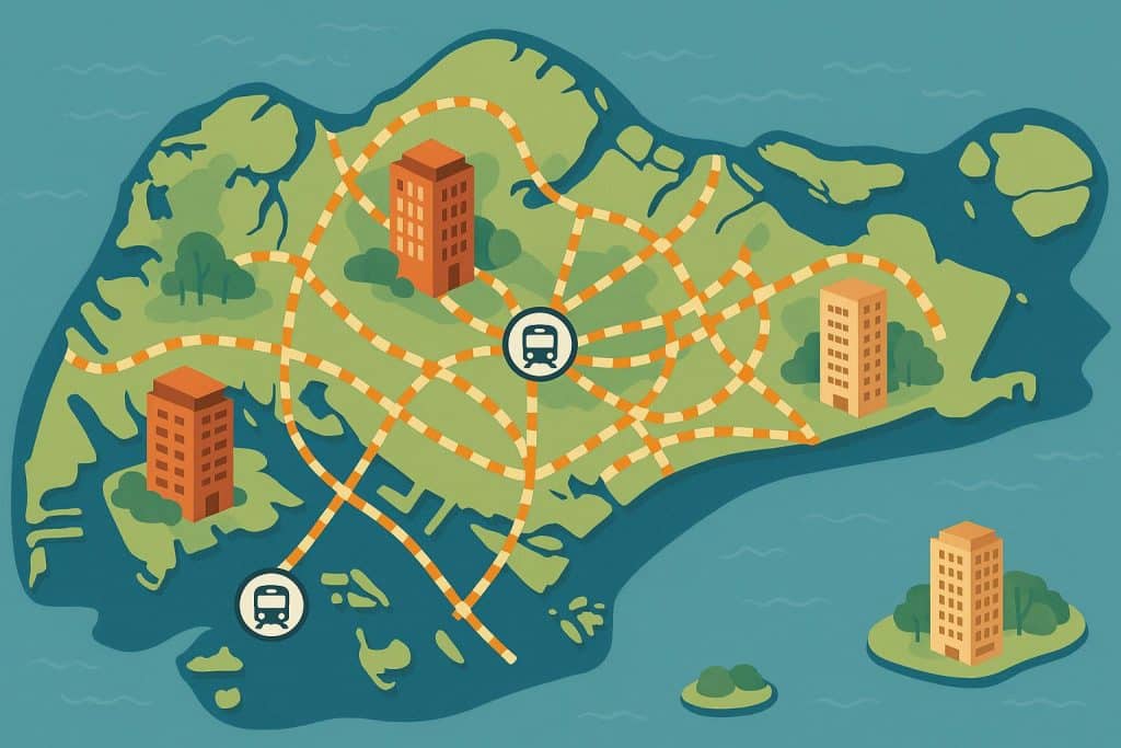 Singapore cityscape with highlighted condo hotspots and transit routes showcasing 45-minute connectivity