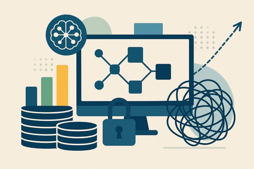 Abstract AI concept with data pipelines, governance icons, and overlapping tech debt visuals