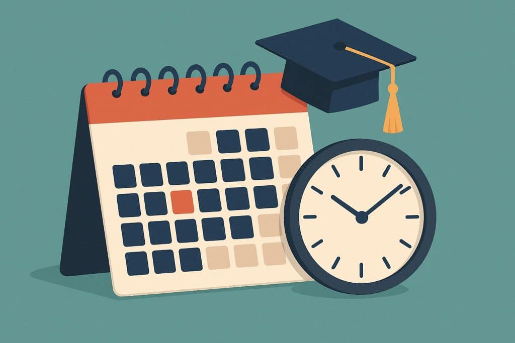 Grad school application timeline with key deadlines, milestones, and process overview illustrated