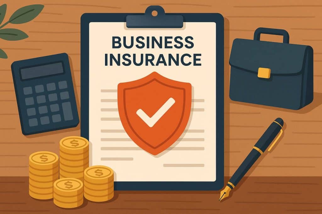 Business insurance policy documents, calculator, and pen on a desk representing financial protection