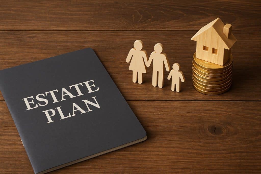 Estate planning documents, calculator, and pen on desk symbolizing long-term financial security