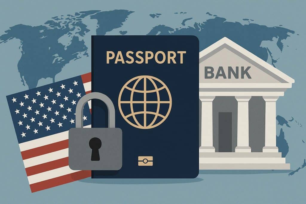 Complex international bank documents and passports highlighting banking challenges for Americans