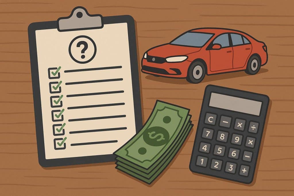 Cash-for-cars buyer inspecting used car before purchase with checklist and clipboard