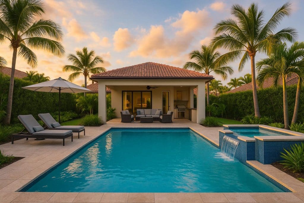 Modern Florida backyard with renovated pool, stylish patio, and lush landscaping for outdoor living