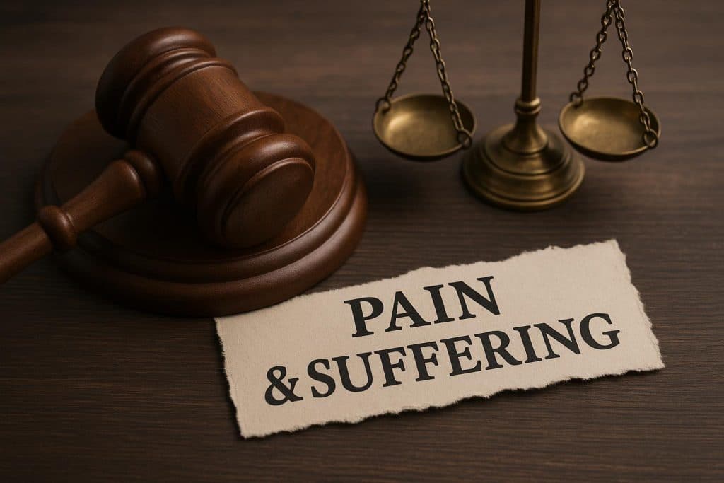 Scales of justice symbolizing legal compensation for pain, suffering, and mental anguish