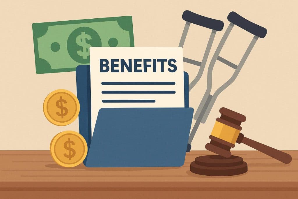 Social Security Disability and worker compensation benefits paperwork with calculator and pen