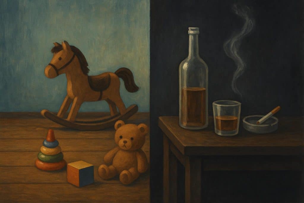 Lost childhood toys scattered in a dimly lit room, symbolizing parental substance abuse impact