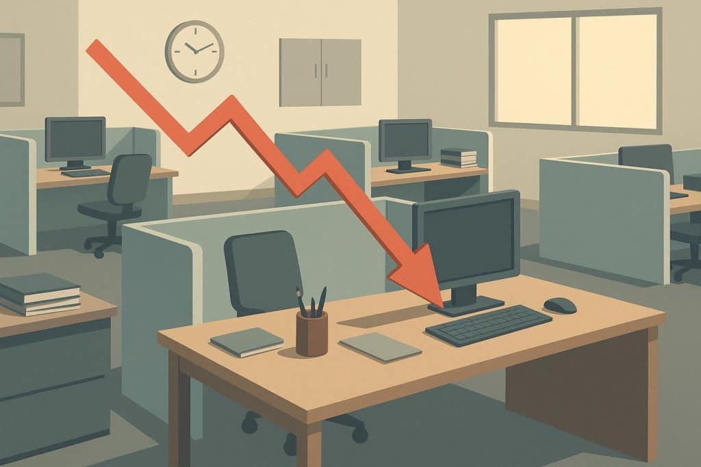 Open-plan office workspace with cluttered desks and poor lighting affecting productivity