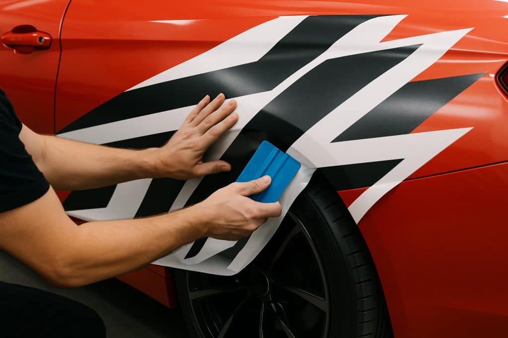 Close-up of hands applying custom decals to a glossy motorcycle fuel tank for a customized look
