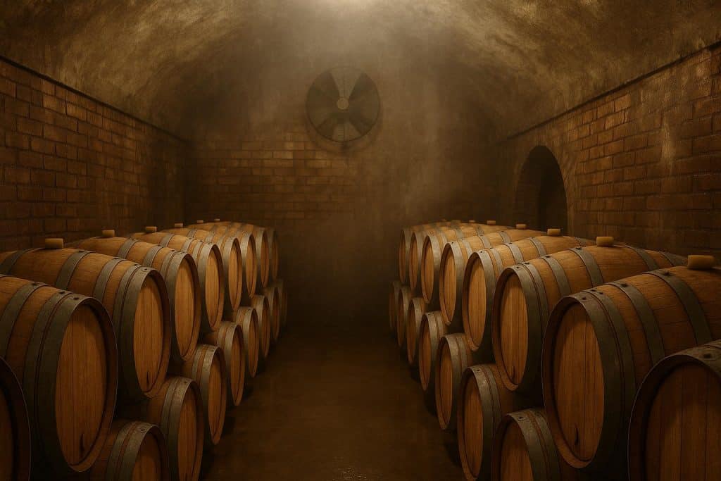Wine barrels in climate-controlled cellar illustrating effective winery humidity management strategies