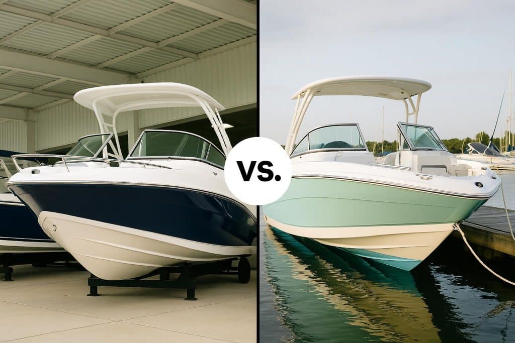 Boat docked at marina highlighting differences between dealer and private boat sales options
