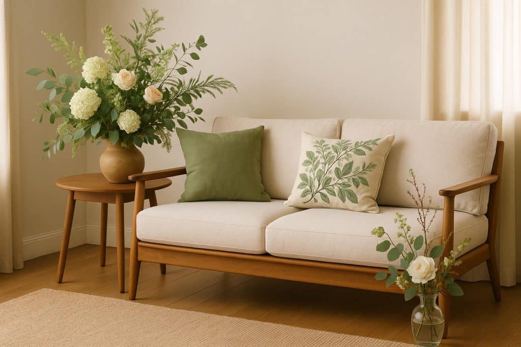 Vibrant floral arrangements enhancing modern living room décor with botanical elegance