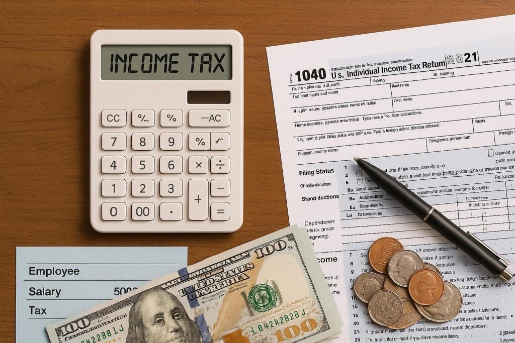 Calculating income tax on salary using tax forms, calculator, and financial documents