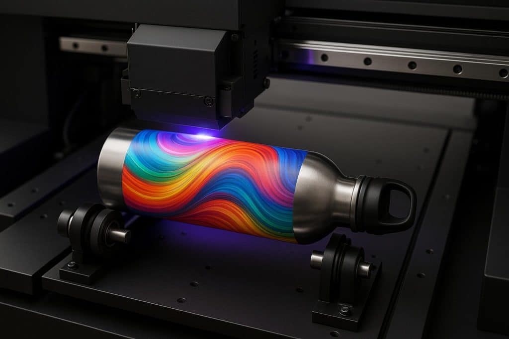 Cylindrical and rotary UV printers applying custom designs to drinkware and promotional products