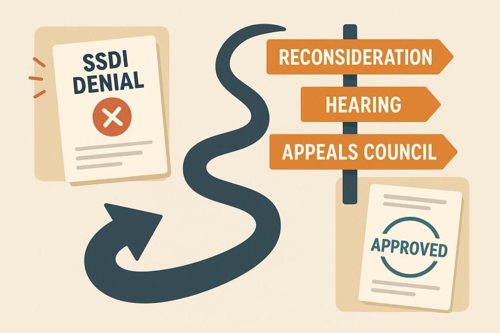 SSDI appeal process steps illustrated with official documents and denial notice graphics