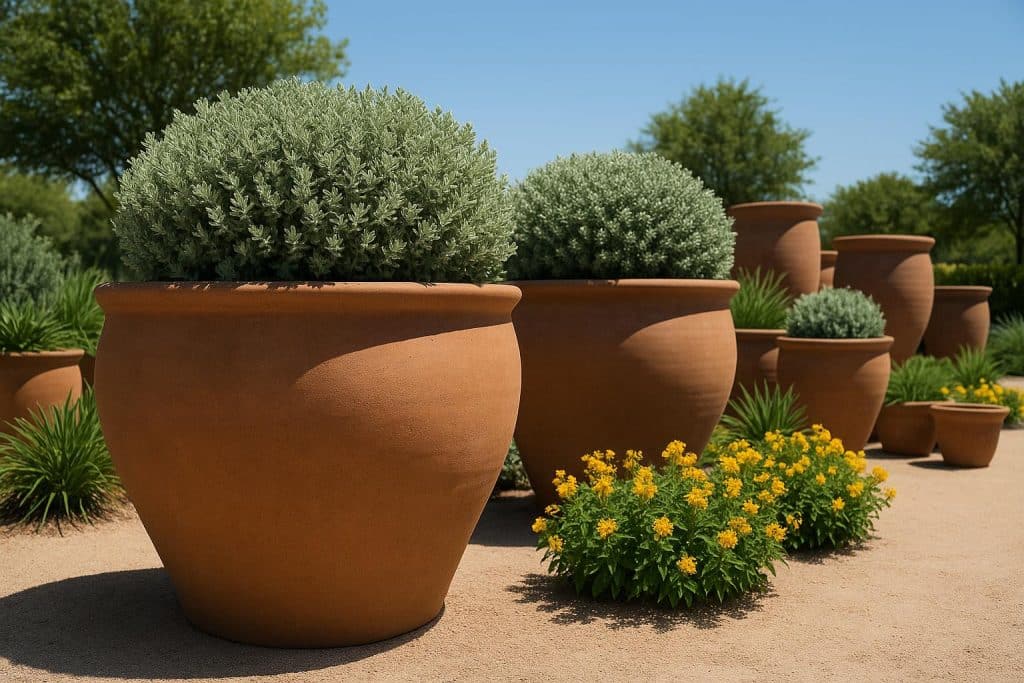 Large Texas wholesale planters arranged outdoors, ideal for commercial landscaping projects