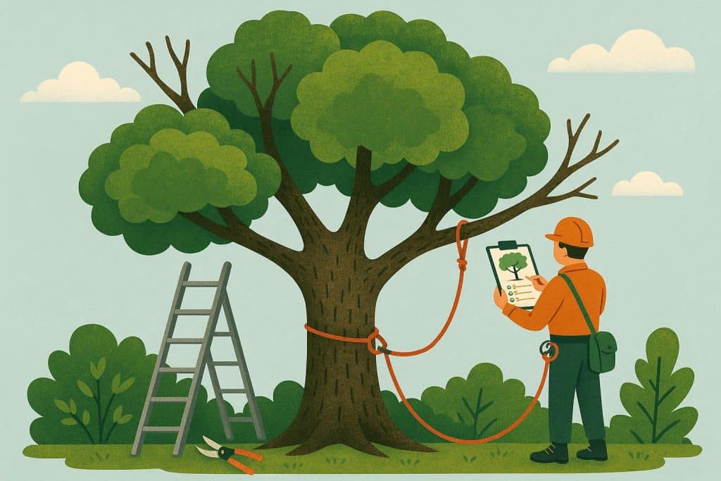 Arborist examining Seattle tree health and treatment options in urban environment