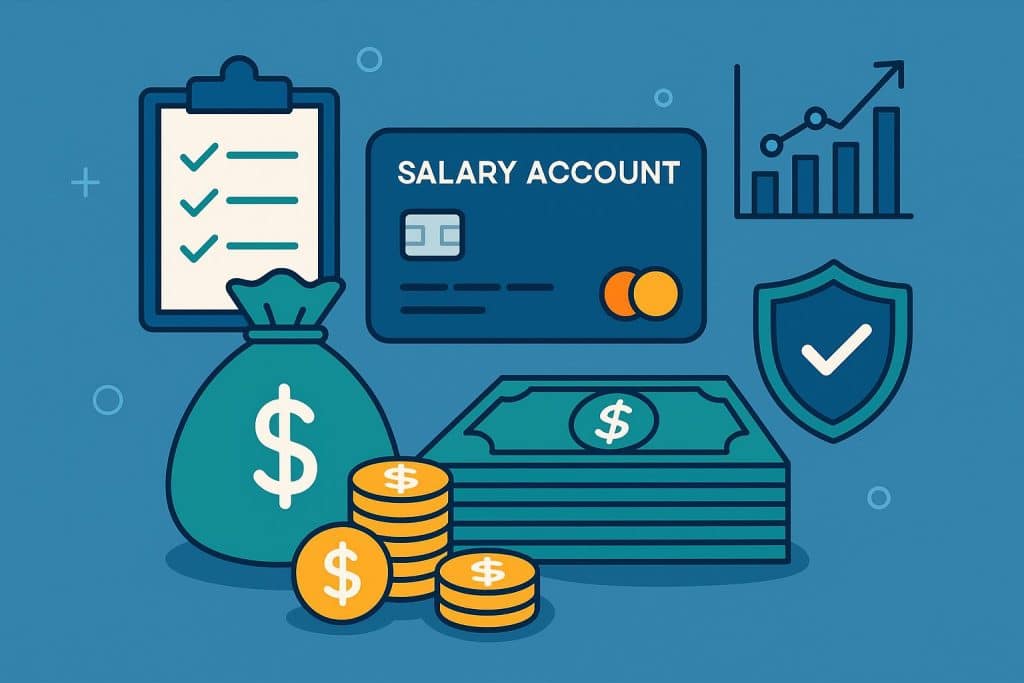 Zero-balance salary account benefits and features overview with banking and finance elements