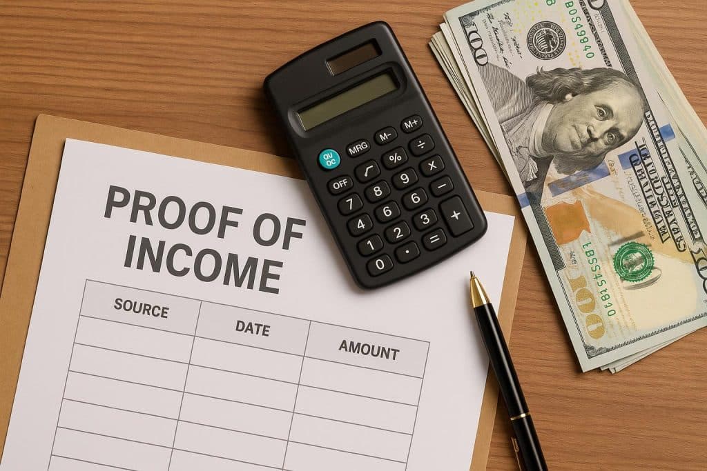 Stack of financial documents and calculator representing proof of income and financial preparation