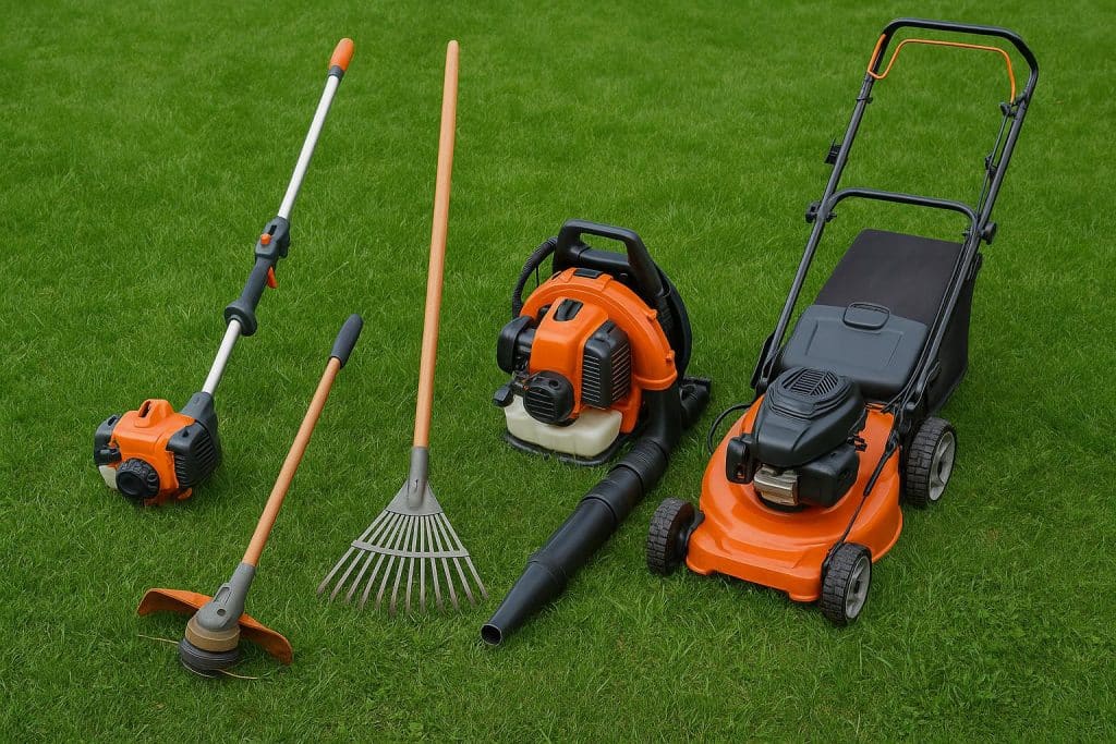 Essential lawn care equipment and tools arranged neatly on a well-maintained grassy lawn