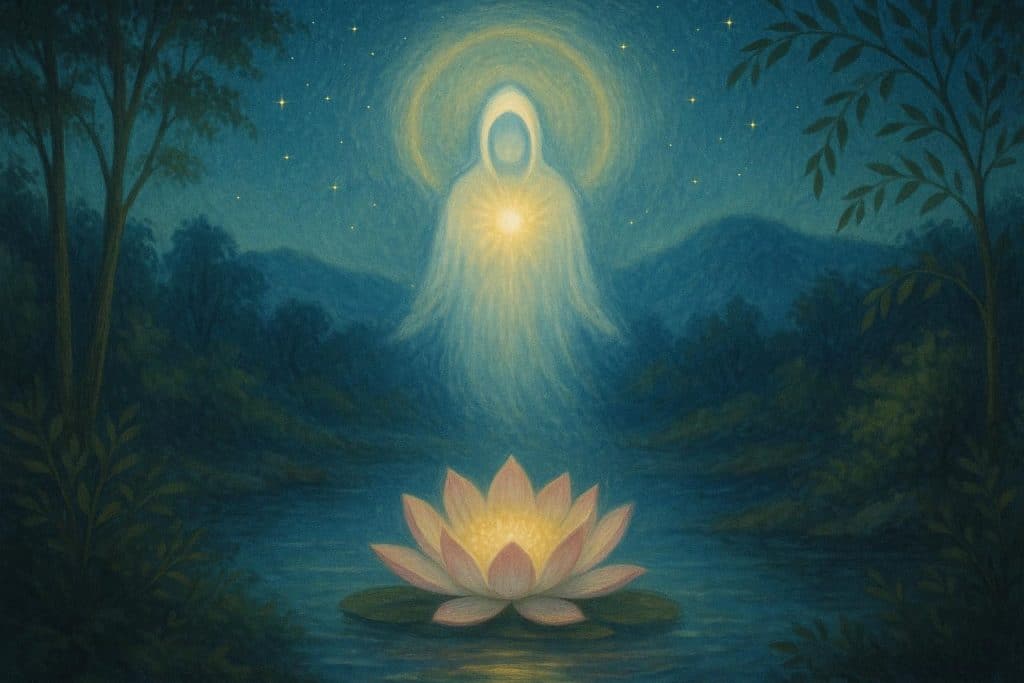 Meditative person connecting with spirit guide through light and nature in a tranquil setting