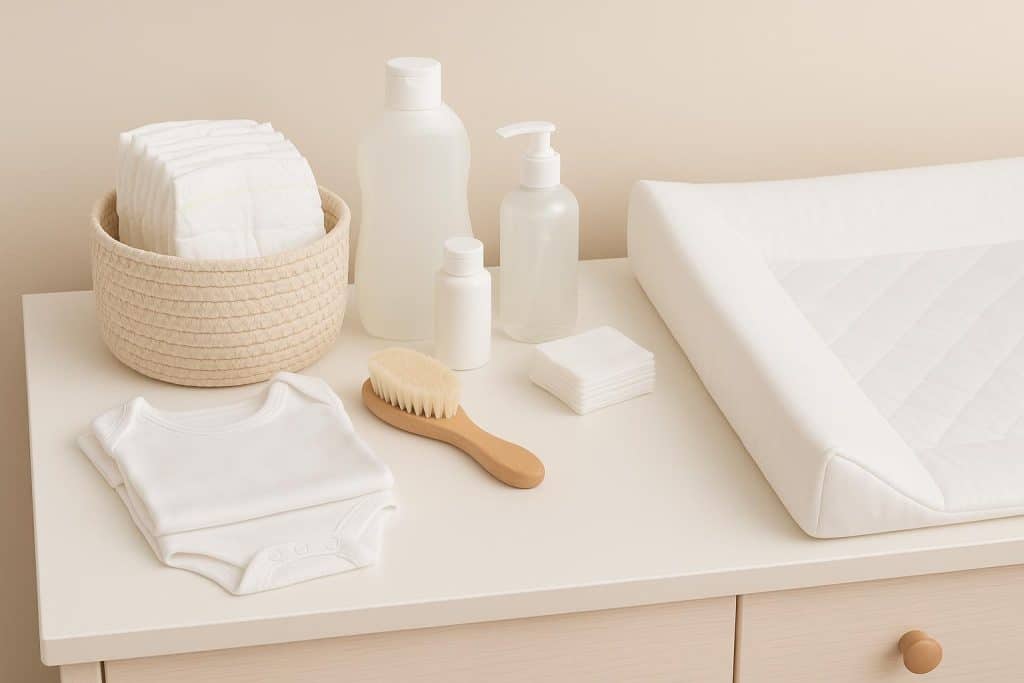 Diaper changing station setup with essentials, organized supplies, and baby care products