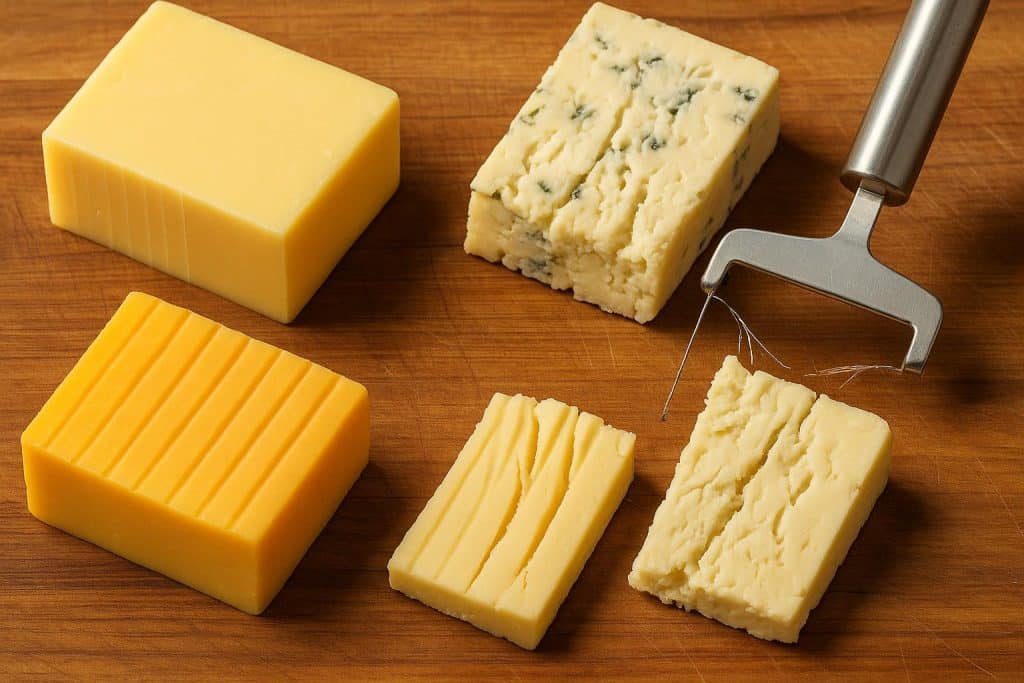 Damaged cheese slicer wire causing uneven, crumbling slices of cheddar on wooden board