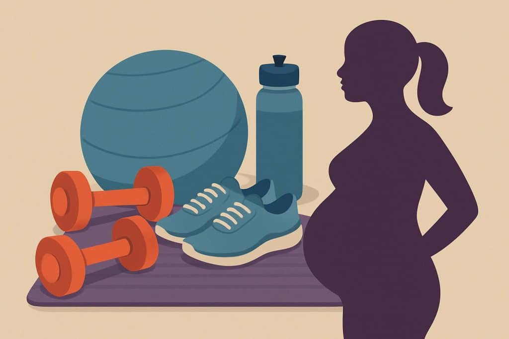 Pregnant woman doing prenatal exercise with a yoga mat in a bright, safe home environment