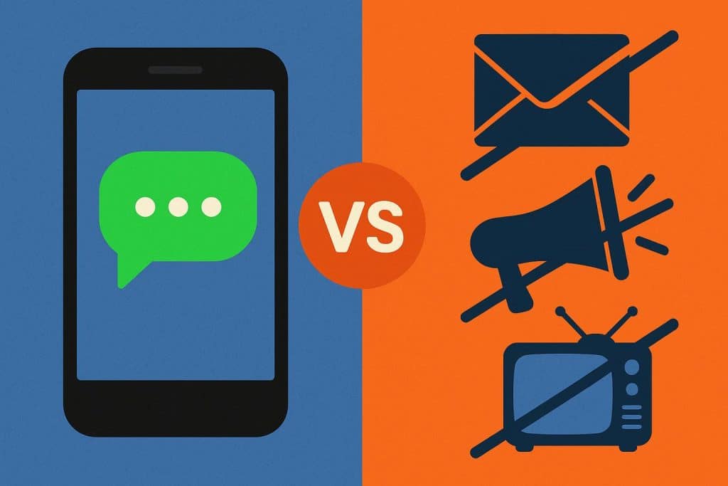 Smartphone displaying business text marketing analytics and chat bubbles highlighting digital outreach