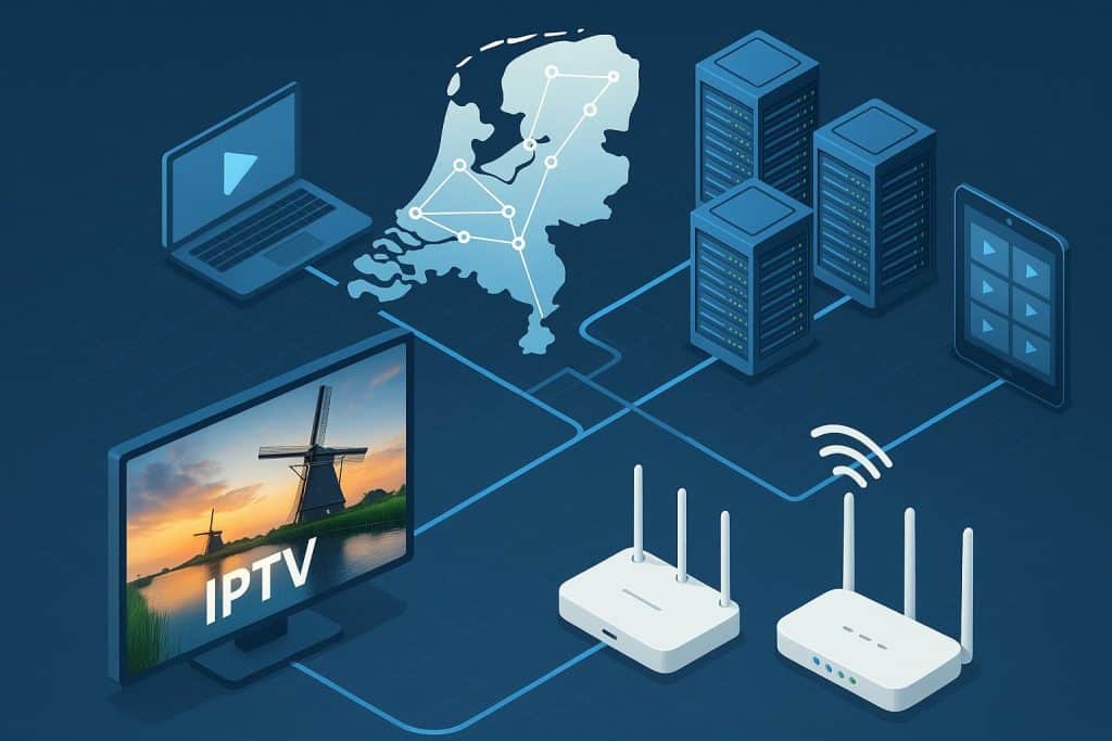 CDN network architecture enhancing IPTV streaming quality across the Netherlands technical concept