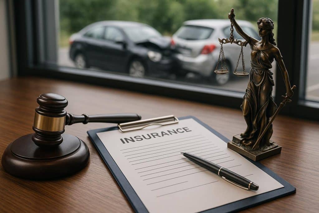 Damaged car on Woodbridge street with legal scales symbolizing car accident lawyer services