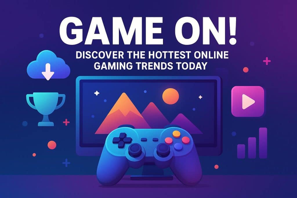 Colorful gaming setup with glowing keyboards and monitors displaying popular online games