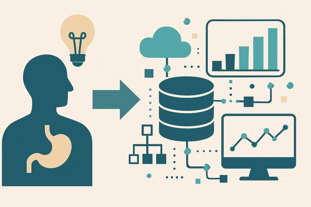 Abstract visualization of data flow and structured networks representing data architecture concepts