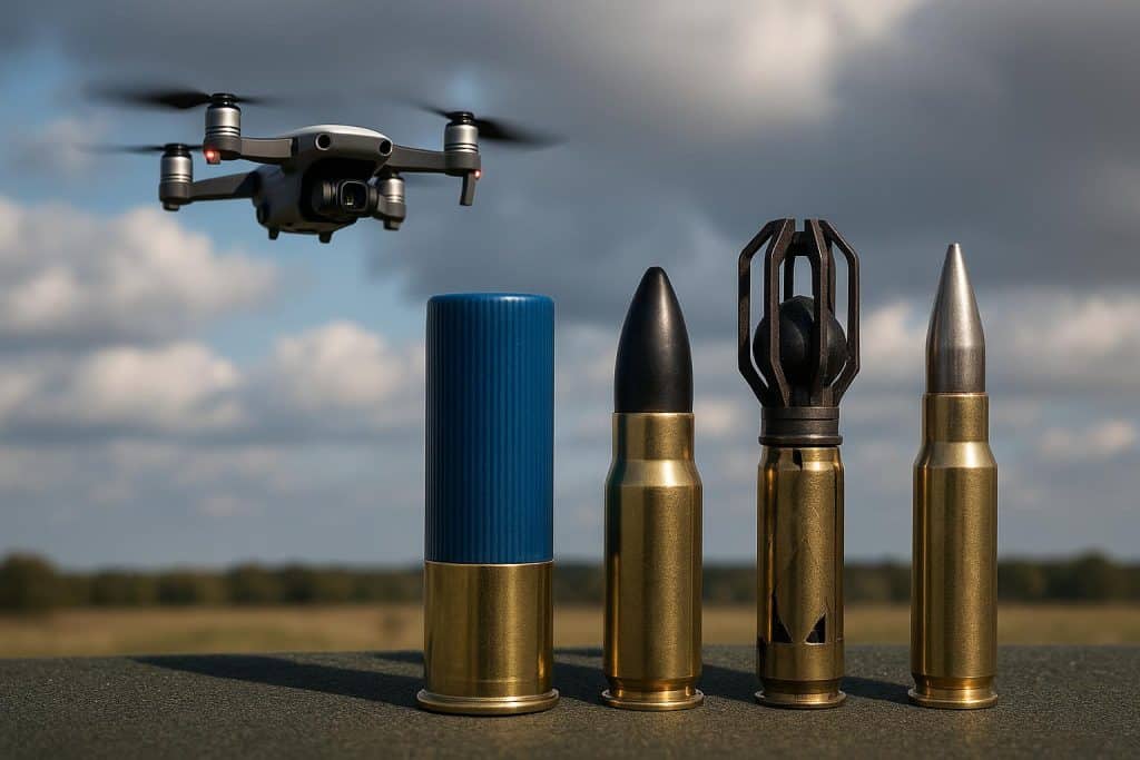 Anti-drone ammunition types displayed with unmanned aerial vehicles in a defense technology setting