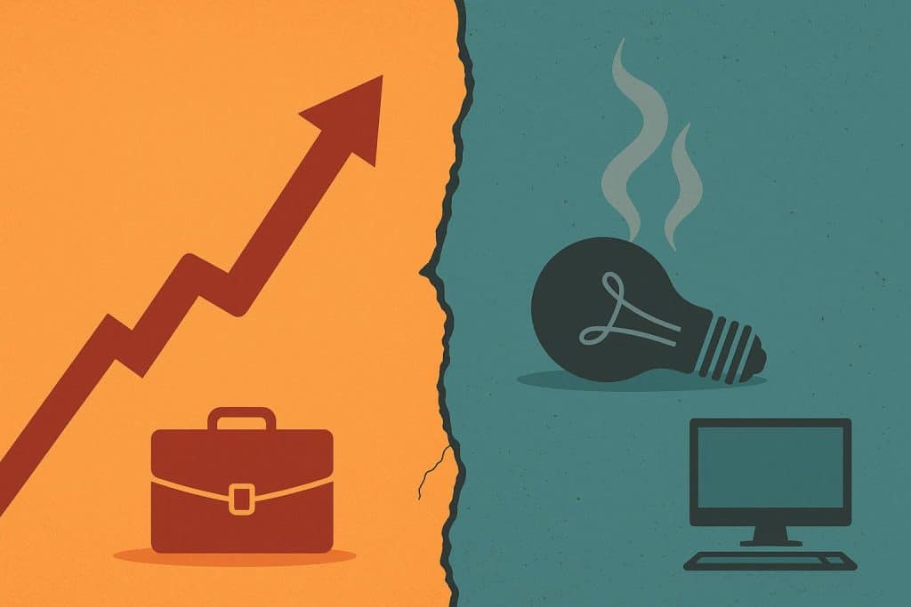 Laptop with code and empty office chair symbolizes startups delaying hiring engineers