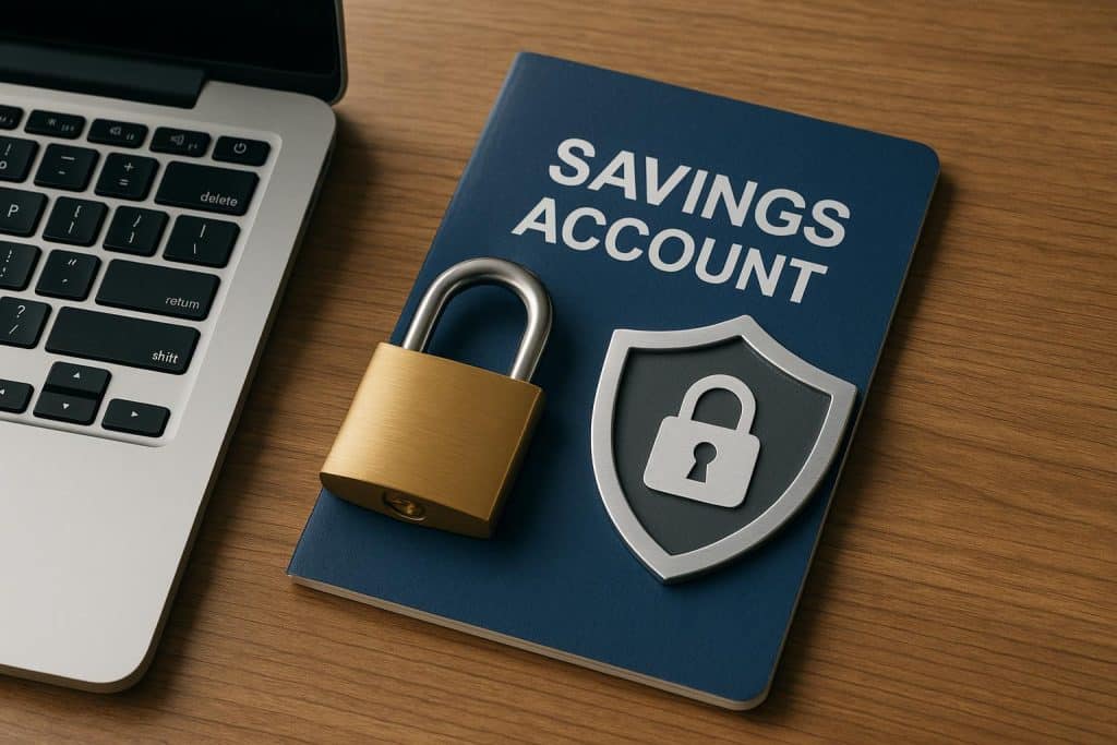 Online banking security with protected savings account, digital locks, and secure access illustration