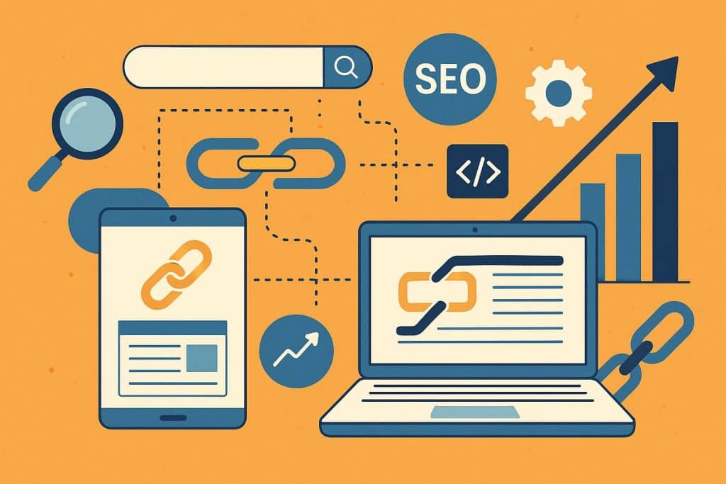 AppLuxe logo with digital marketing icons representing link building and SEO strategies