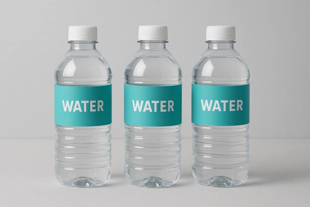 Custom-designed water bottles with sleek, professional labels arranged on a modern countertop