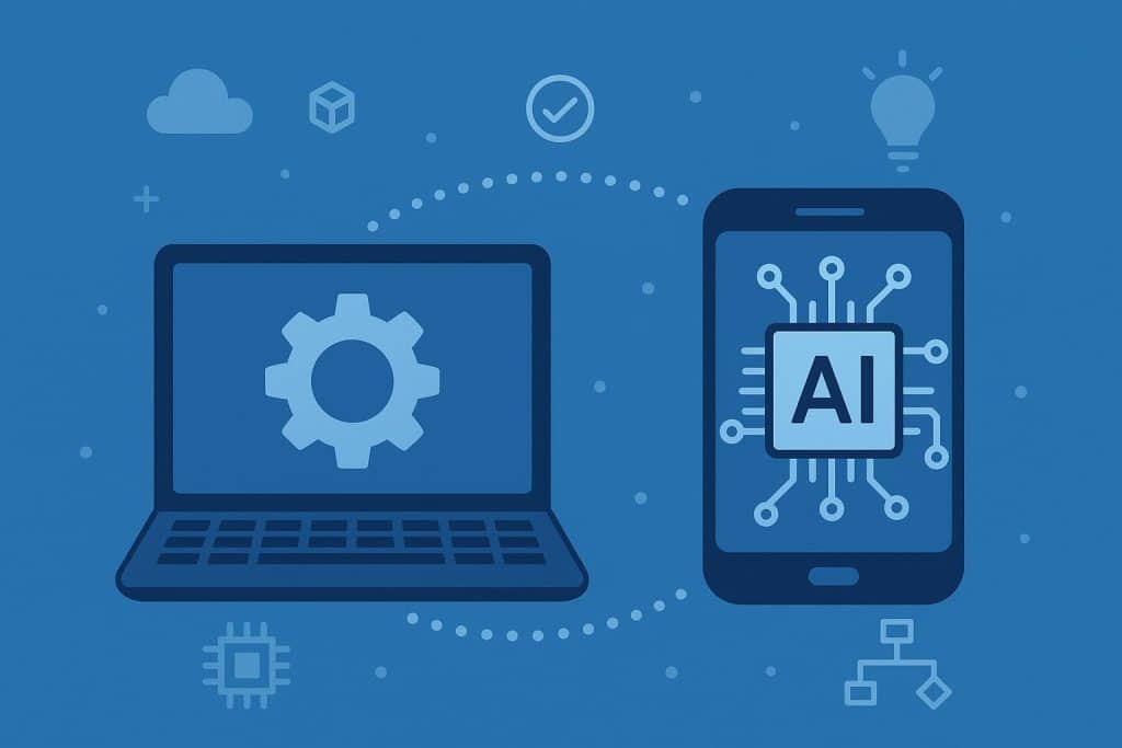 AI development outsourcing concept with startup founders collaborating with a tech partner company