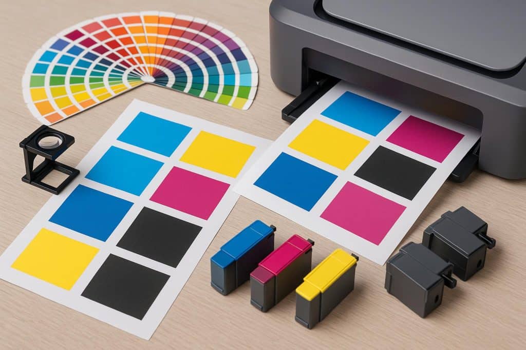 Stacks of colorful printed flyers and brochures arranged on a modern commercial printing press