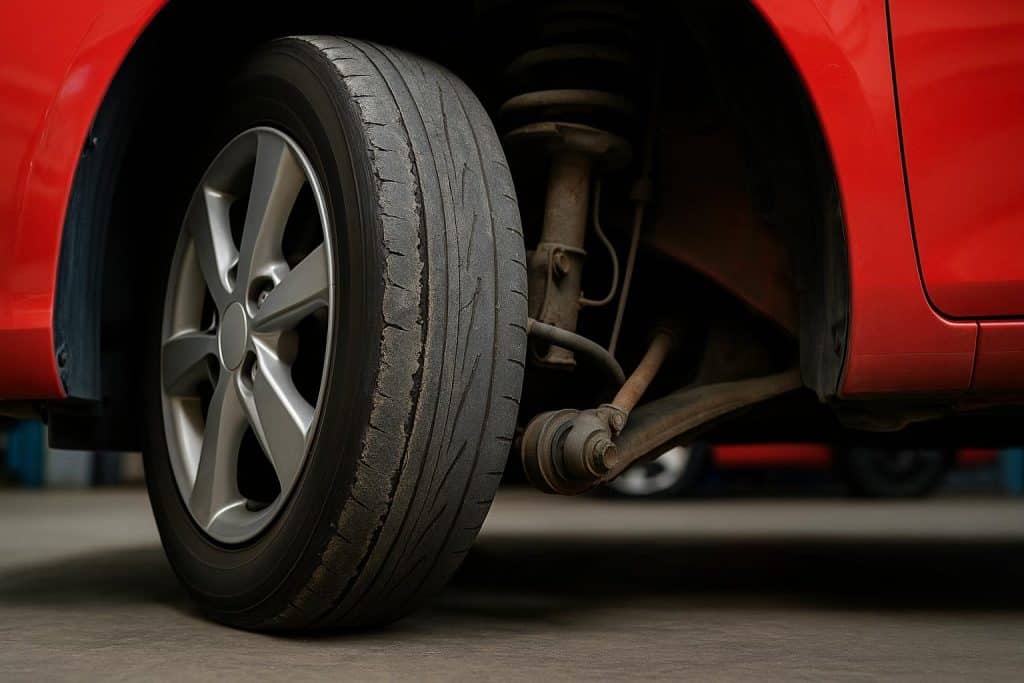 Car tire with uneven tread wear highlighting effects of misalignment on suspension and fuel economy